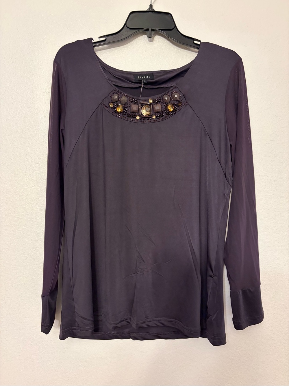 NWT Panitti Grey Beaded Neck Long Sleeve Top L